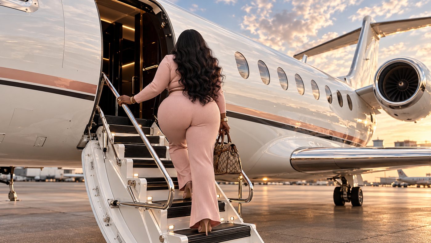 Sasha boarding a private jet at sunset